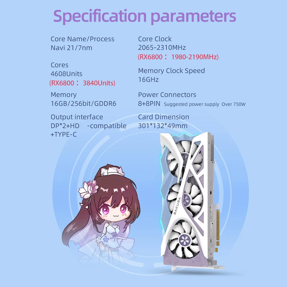 Yeston RX6800XT 16G D6 Sakura Graphic Card 21/7nm GPU 2065-2310MHz 16G/256bit/GDDR6 PCI-Express 4.0 Dual BIOS DP Video Card
Yeston RX6800XT 16G D6 Sakura Graphic Card 21/7nm GPU 2065-2310MHz 16G/256bit/GDDR6 PCI-Express 4.0 Dual BIOS DP Video Card