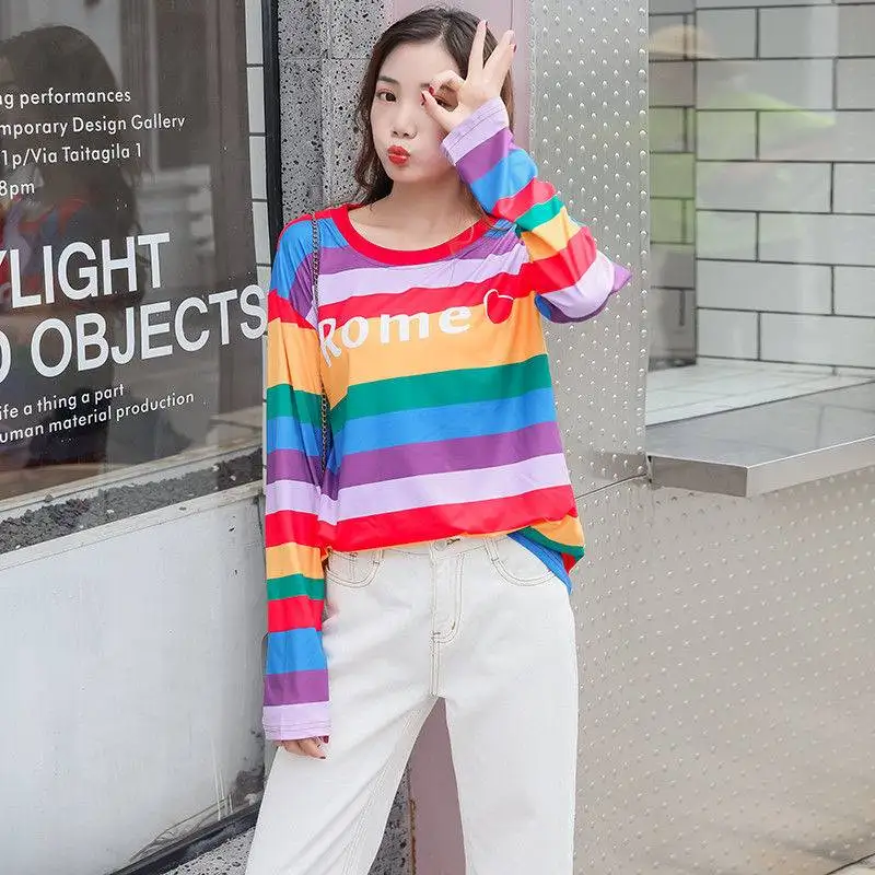 Harajuku Fashion Rainbow Summer T-shirt Casual Women Stripes Print Loose Long Sleeve Simple Chic Striped T-shirts
Harajuku Fashion Rainbow Summer T-shirt Casual Women Stripes Print Loose Long Sleeve Simple Chic Striped T-shirts