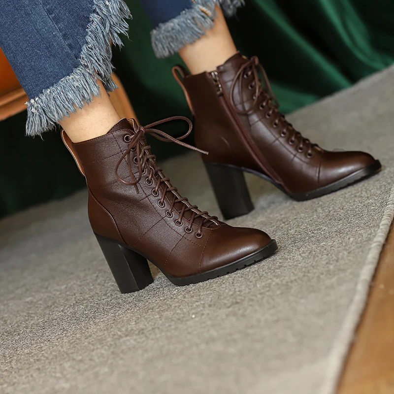 

Osunlina Autumn Ankle High Heels Boots Round Toe Lace-up Elegant Genuine Leather Woman's Chunky Boots Zipper Female Shoe A138