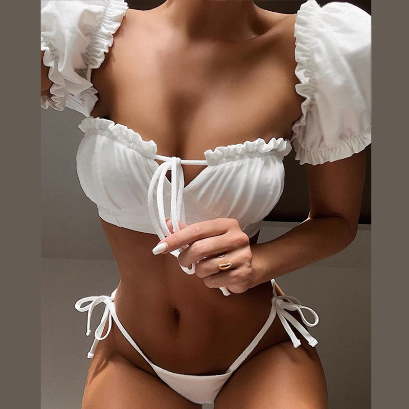 

In-x-bikini Bandeau con volantes de Blanco solido para mujer, traje de bano de manga corta con lazo lateral,bikini de corte alto