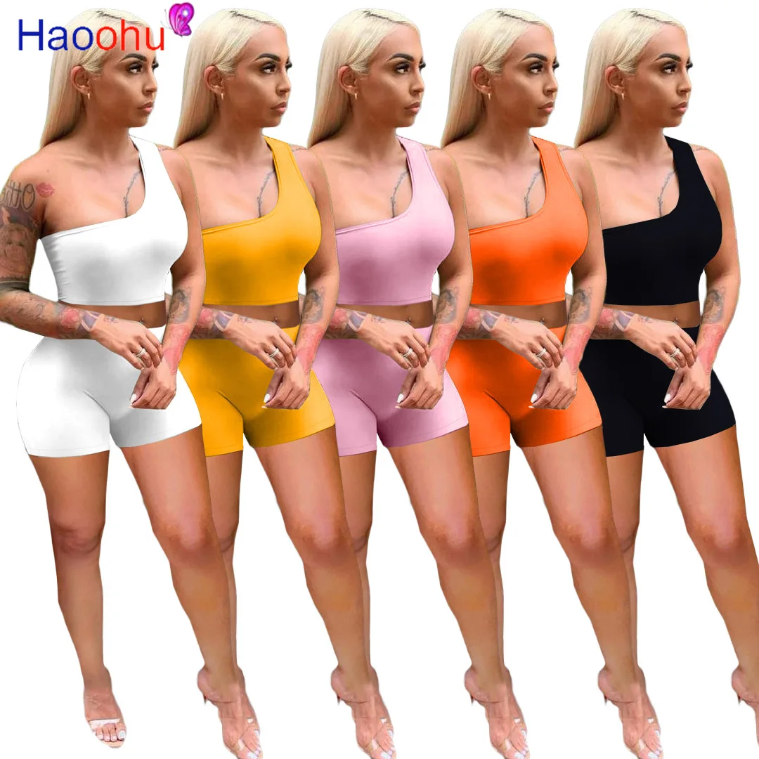

Active Wear One Shoulder Beachwear Crop Tank Top and Biker Shorts Summer Two Piece Club Outfit Casual Sporty Co-ord Tracksuits
