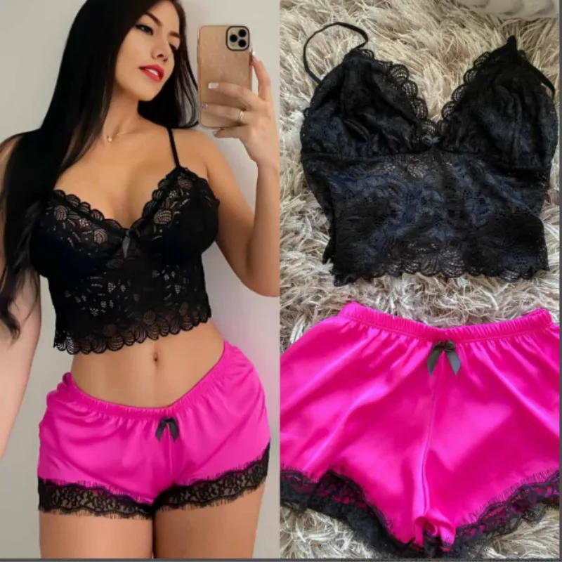 

Sexy Two Pieces Pajamas Set Women Lace Patchwork Sleepwear Silk Camisole Sleeveless Top Elastic Waist Shorts Home Wear Suits