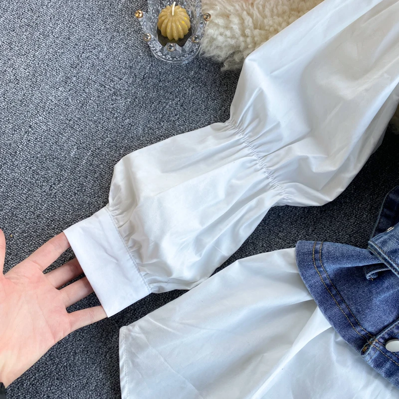 korea women white blouse and denim vest 2pcs set fashion women spring preppy style shirt chemise longue
korea women white blouse and denim vest 2pcs set fashion women spring preppy style shirt chemise longue
