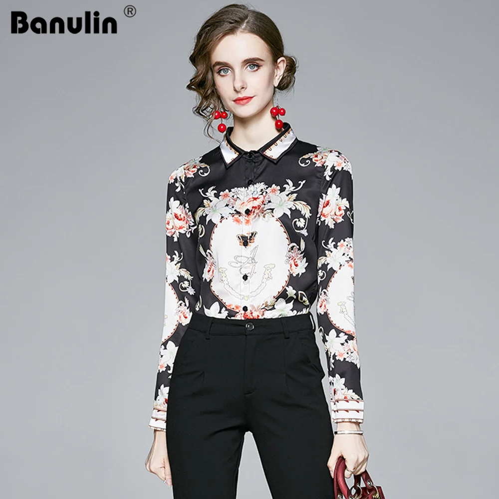

Banulin Vintage Blouse Long Sleeve Runway Print Blouse Turn Down Collar Lady Office Shirt Casual Loose Tops Plus Size Blusas