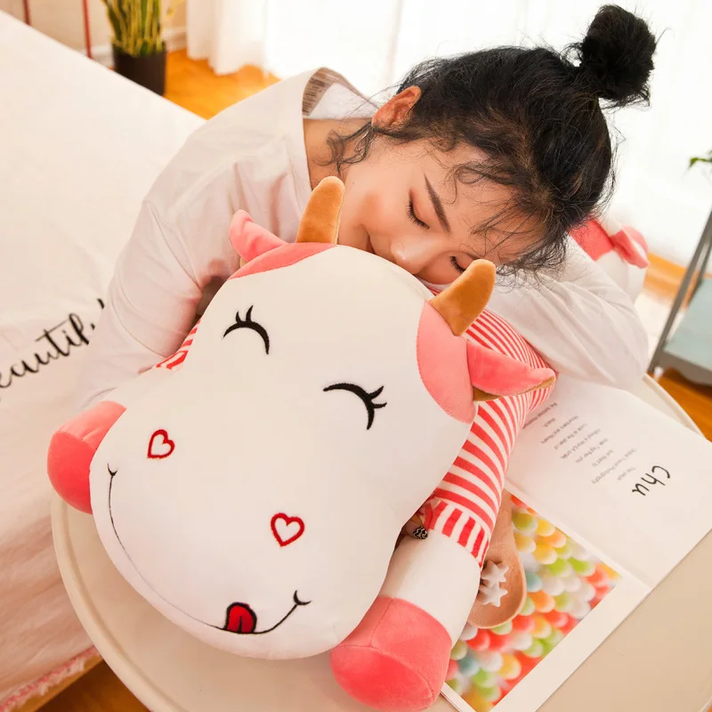 Cartoon Cute Cattle Adorable Paragraph Stripe Bovine Pillow Fur Toys Waist By Back Cushion Gifts | Игрушки и хобби