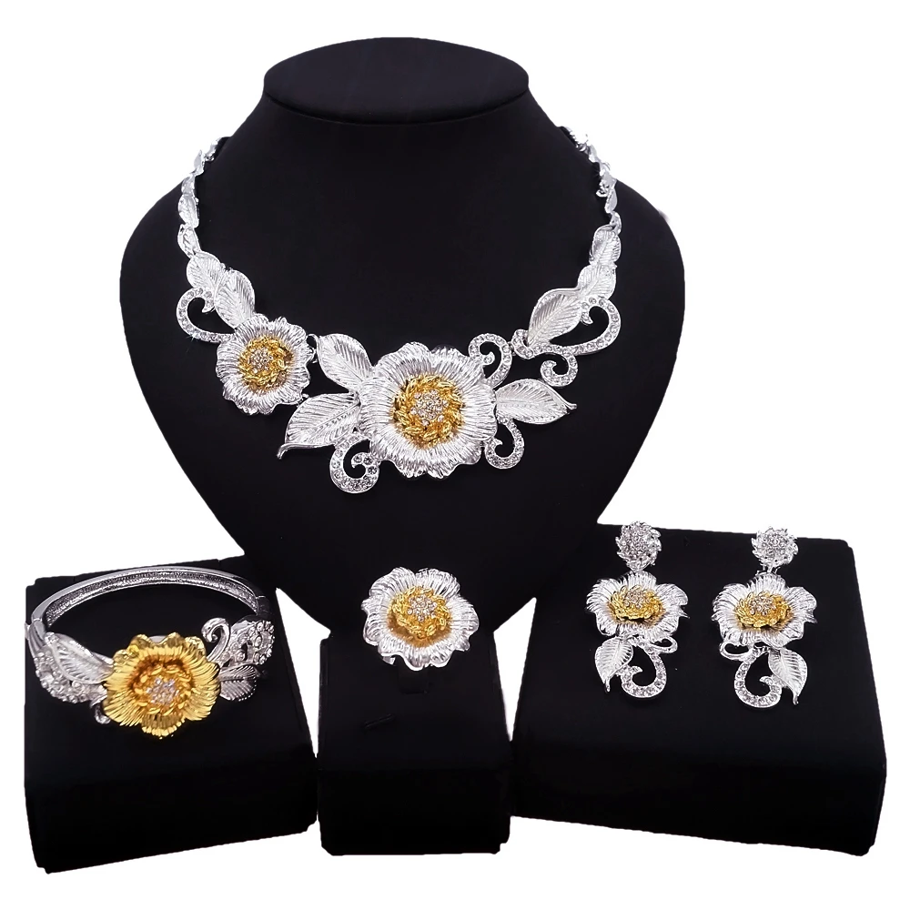 

Yulaili Flower Leaf Crystal Necklace Earrings Bracelet Ring Luxury Women Nigerian Wedding Bride Dubai Jewelery Set Wholesale