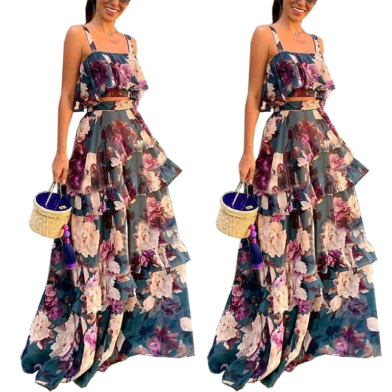 Two Piece Set Summer Floral Print Suspender Top Lotus Leaf Long Skirt Suit Vacation Beach Women's Two-piece Tops Cupcake Dress
Two Piece Set Summer Floral Print Suspender Top Lotus Leaf Long Skirt Suit Vacation Beach Women's Two-piece Tops Cupcake Dress