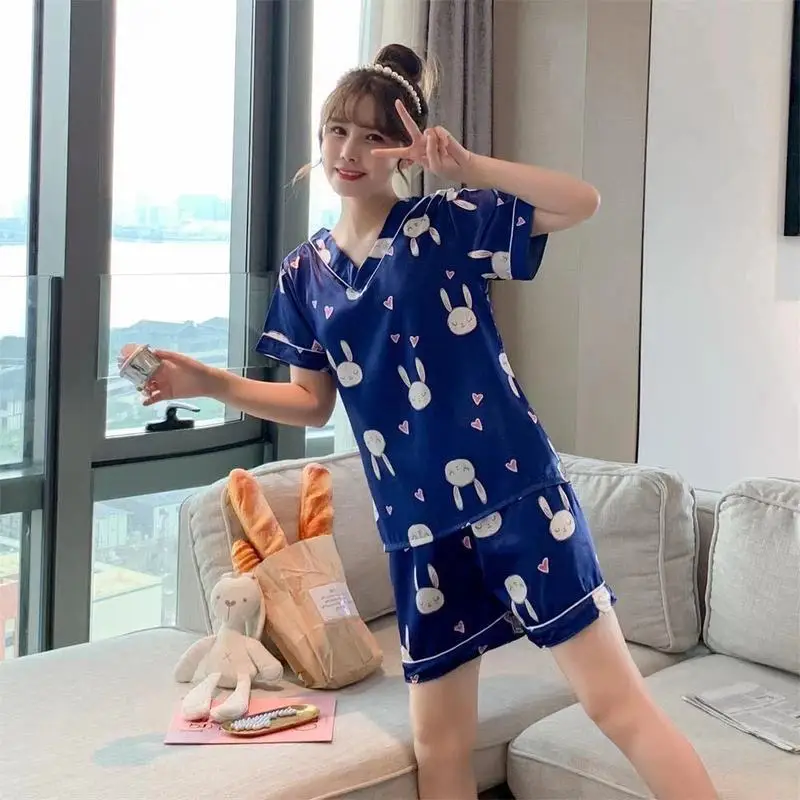 Women's Sleepwear Cute Cartoon Print Short Set Pajamas for Women Silk Pajama Set Sweet Short Sleeve Top & Shorts Summer Pijamas
Women's Sleepwear Cute Cartoon Print Short Set Pajamas for Women Silk Pajama Set Sweet Short Sleeve Top & Shorts Summer Pijamas