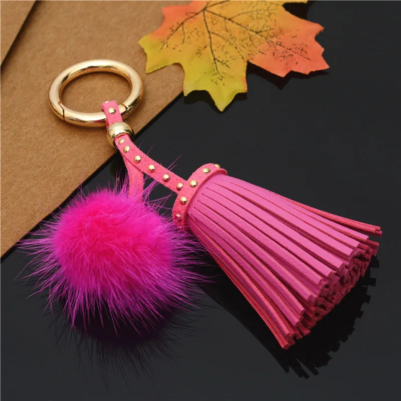Hot Sale PU Leather Tassels Key chains With Fur Ball pom keychain For Women Bag Car Pendant Keyrings Jewelry Holder | Украшения и