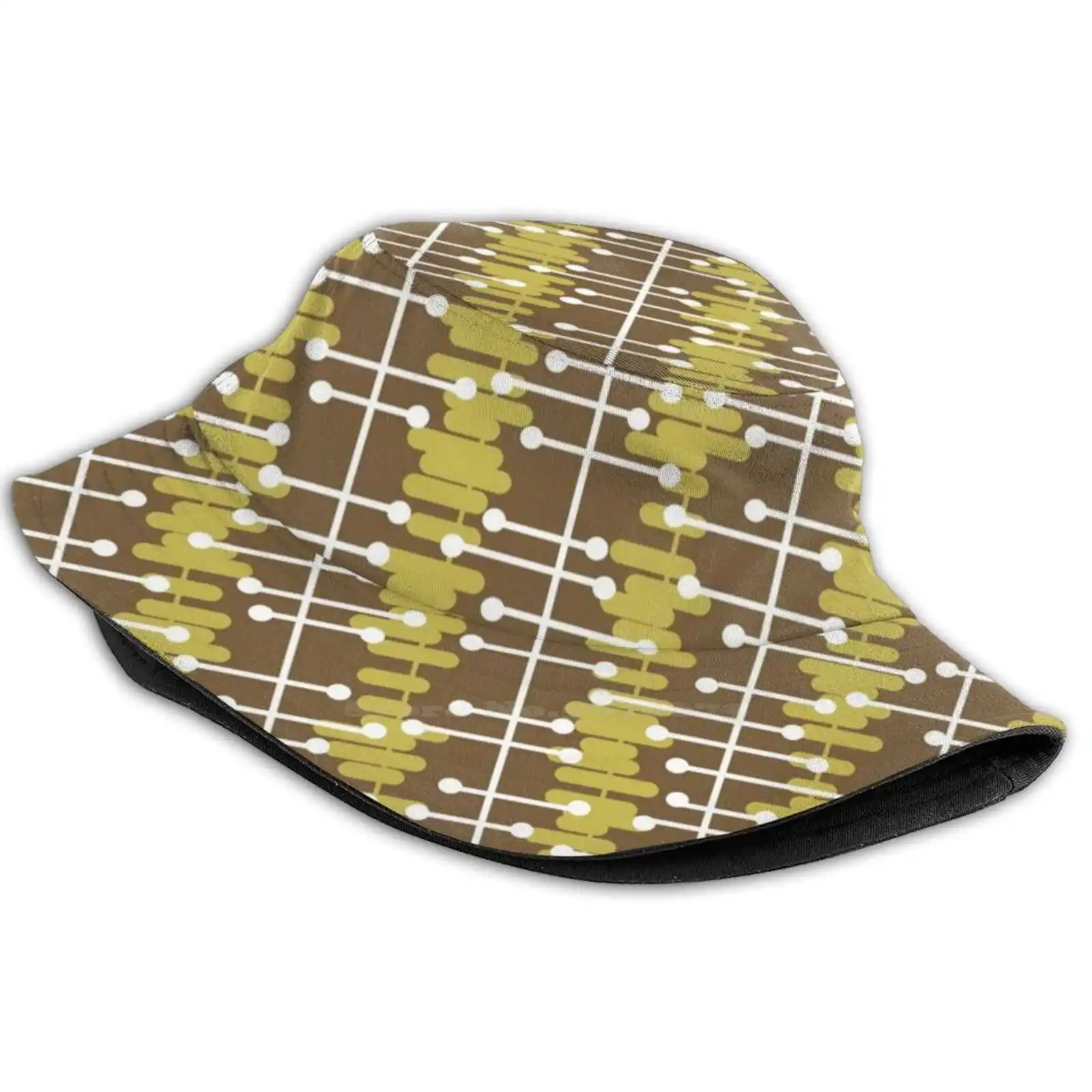 

1950S Retro Abstract Lines Brown Yellow Flat Top Breathable Bucket Hats Mid Century Modern Midcentury Modern Atomic Age Atomic