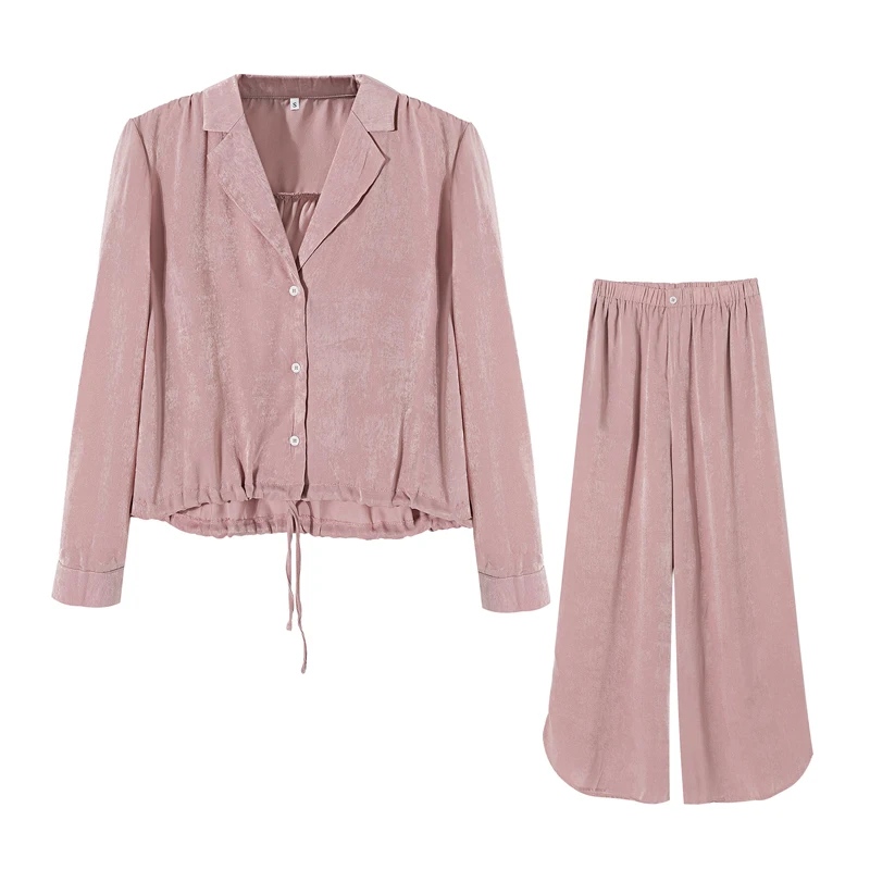 Two Piece Set Women Shiny lapel Crop shirt Top and Long Pants Casual Long Sleeve Blouses + Wide Leg Pants Pink Pajama suit
Two Piece Set Women Shiny lapel Crop shirt Top and Long Pants Casual Long Sleeve Blouses + Wide Leg Pants Pink Pajama suit