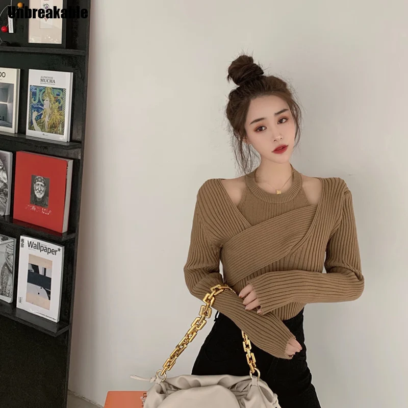 Women Sweater Knitted 2pieces Sets Sexy Cross V-neck Long Sleeve Knitwear + Halter Sleeveless Basic Sling Vest 2020 Winter
Women Sweater Knitted 2pieces Sets Sexy Cross V-neck Long Sleeve Knitwear + Halter Sleeveless Basic Sling Vest 2020 Winter