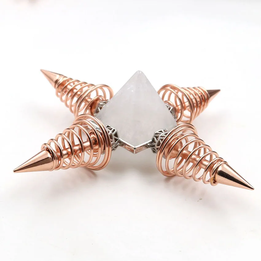 

Rose Gold Color Spiral Metal Square Pyramid Rock Crystal Pendant Energy Converter Tiger Eye Stone Jewelry