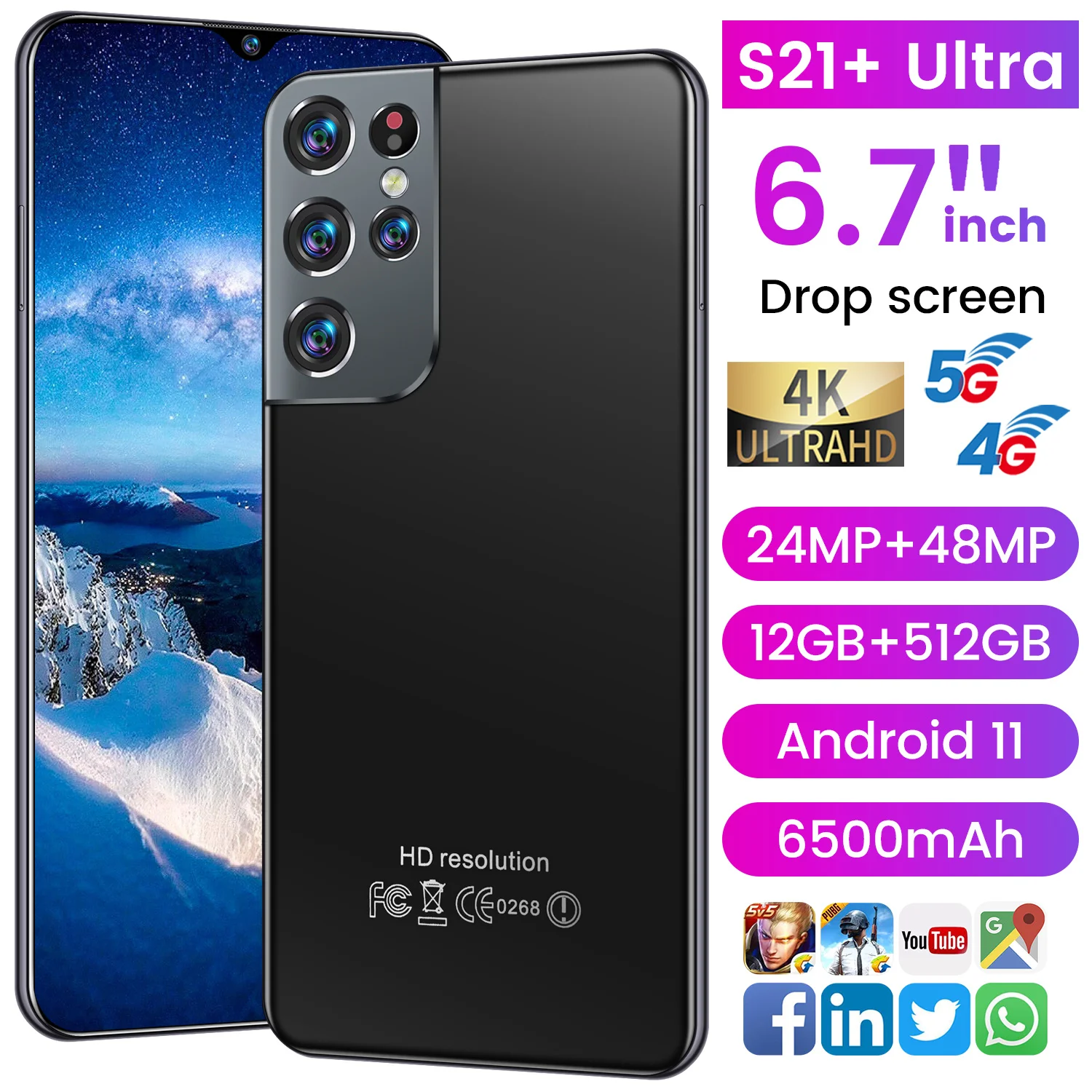 Hot Selling S21+ Ultra 6.7inch Smartphone Global Version 6500mAh 12+512GB 24+48MP HD Face ID 4G 5G Android11 Network Mobilephone
Hot Selling S21+ Ultra 6.7inch Smartphone Global Version 6500mAh 12+512GB 24+48MP HD Face ID 4G 5G Android11 Network Mobilephone