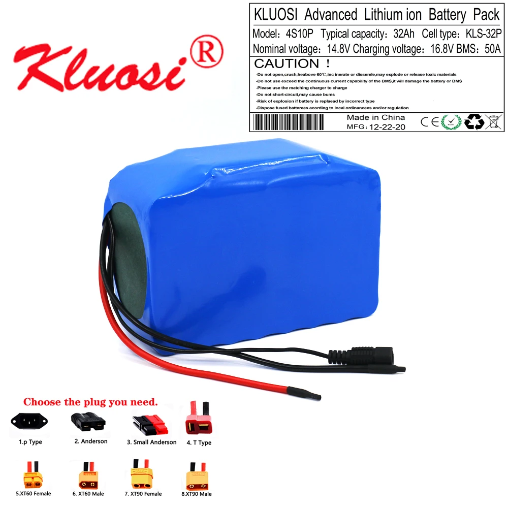 KLUOSI 4S10P 14.8V 32Ah 600Watt 14.4V 16.8V Lithium Battery Pack with 50A BMS for Inverter Smart Robot High-power Equipment Etc |