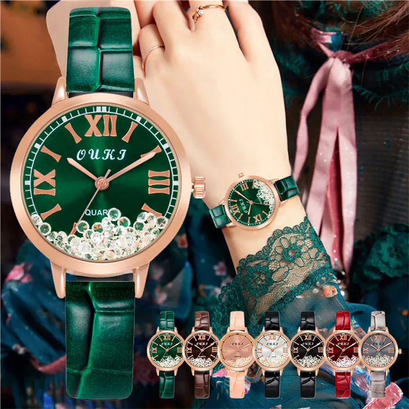 

Часы наручные женские кварцевые, повседневные деловые с сыпучим песком, с римским цифровым циферблатом, с зеленым кожаным ремешком