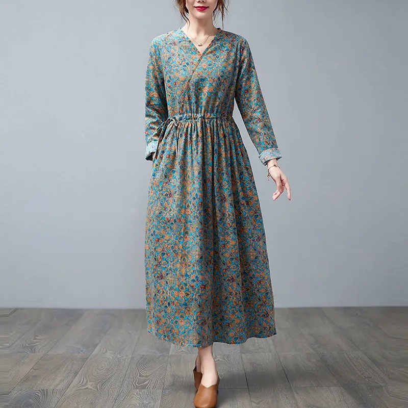 Ladies Elegant A-line Long Dress New 2021 Autumn Arts Style Vintage V-neck Print Loose Cotton Linen Women Casual Dresses B1205
Ladies Elegant A-line Long Dress New 2021 Autumn Arts Style Vintage V-neck Print Loose Cotton Linen Women Casual Dresses B1205