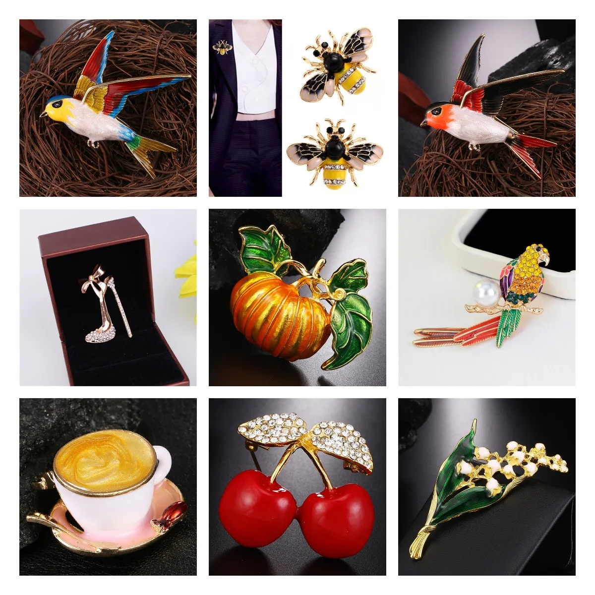 

Jewelry Women Men's Brooch Clothes Accessories Owl Butterfly Dragonfly Frog Peacock Bird Brooch Collar Pins Corsage Animal Badge