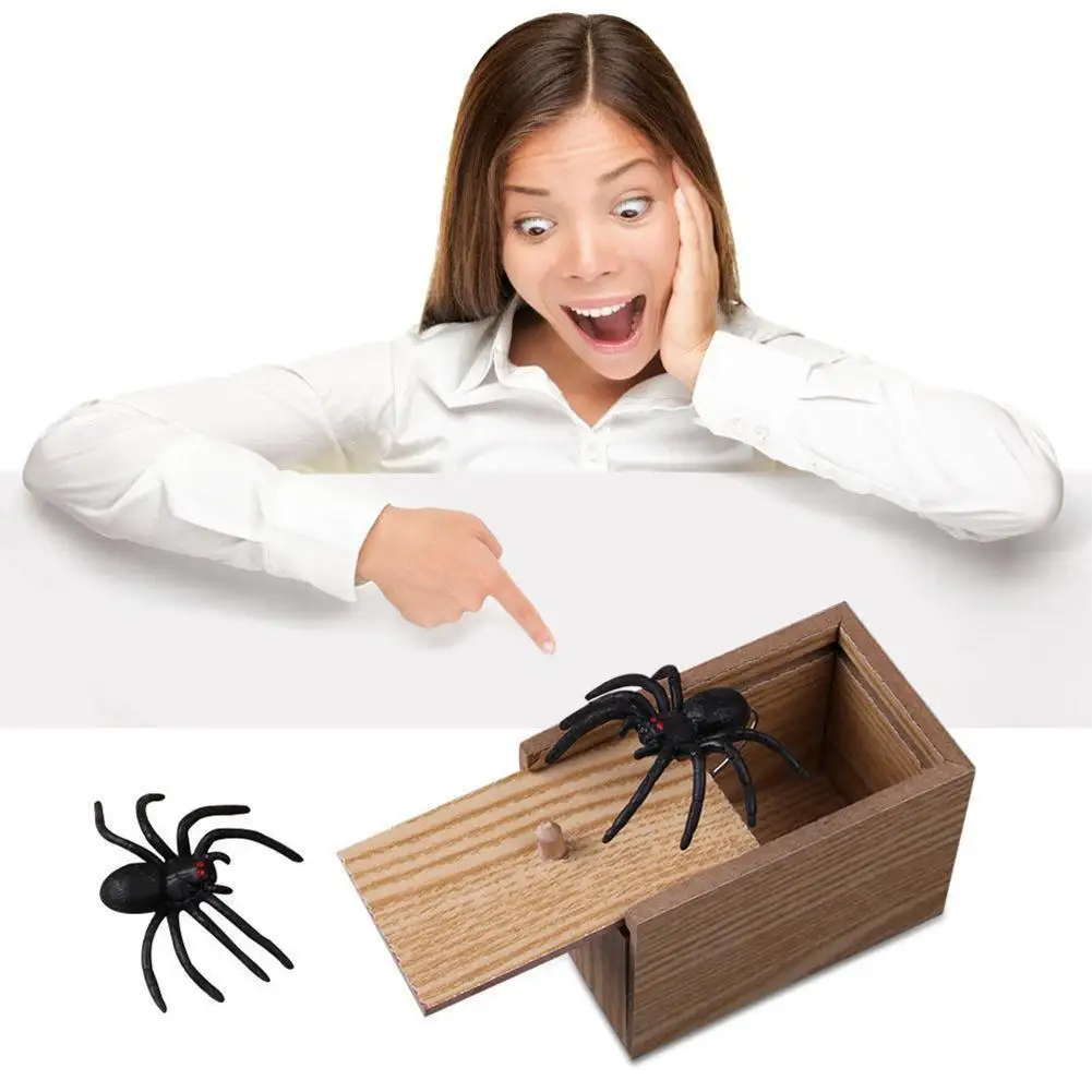 Montessori Funny Novelty Prank Spider Wooden Prank Animal Toy Box Panic Joke Scare F9Y0