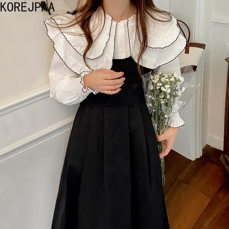 Korejpaa Women Suit Korea Retro Hit Color Peter Pan Collar Puff Sleeve Shirt + Slim Waist Pleated Strap Dress Sets Solid Elegant
Korejpaa Women Suit Korea Retro Hit Color Peter Pan Collar Puff Sleeve Shirt + Slim Waist Pleated Strap Dress Sets Solid Elegant
