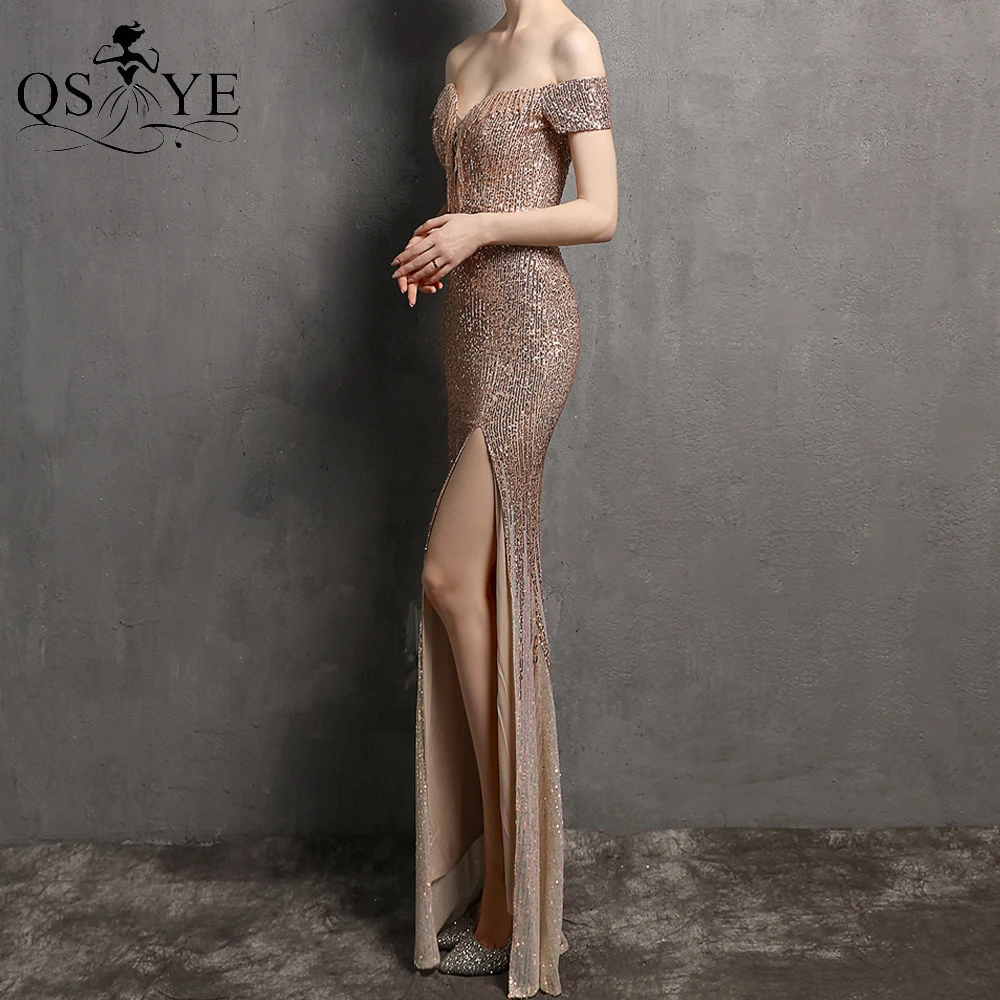 Sequin Gold Evening Dresses Mermaid Fading Sequin Prom Gown Split Off Shoulder Party Dress Beadings Women Side Sleeves Gown
Sequin Gold Evening Dresses Mermaid Fading Sequin Prom Gown Split Off Shoulder Party Dress Beadings Women Side Sleeves Gown
