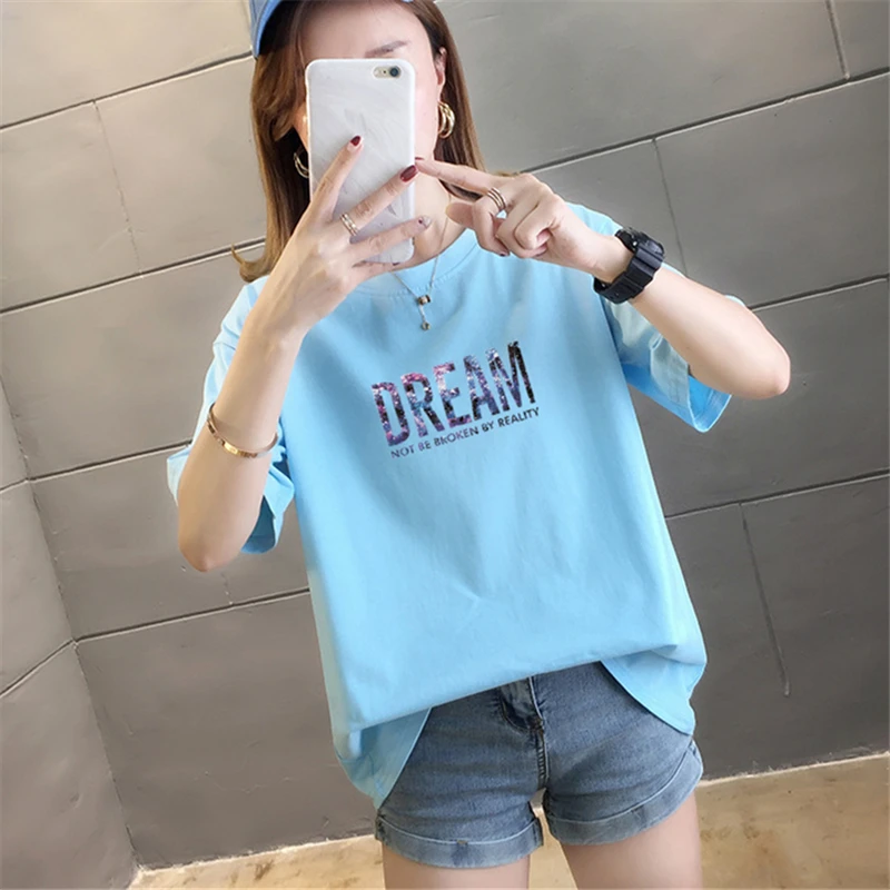 Pure Cotton 2021 Summer Fashion New High-Quality Round Neck Short-Sleeved Casual Letter Printing T-Shirt Women's Top Tide H028
Pure Cotton 2021 Summer Fashion New High-Quality Round Neck Short-Sleeved Casual Letter Printing T-Shirt Women's Top Tide H028