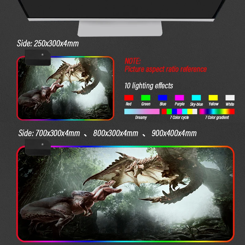 Large Monster Hunter RGB Gaming Mouse Pad Anti-Slip Rubber Base Computer Keyboard LED MousePad For Computer PC Desk Support DIY