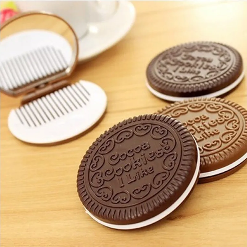 

TY224 New arrivals Women Makeup Tool Pocket Mirror Make up Mirror Mini Dark Brown Cute Chocolate Cookie Shaped With Comb