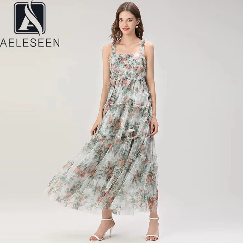 

AELESEEN дизайнерское модное летнее платье 2022 подиумное Новое богемное длинное платье на бретельках с 3D цветочным принтом и оборками