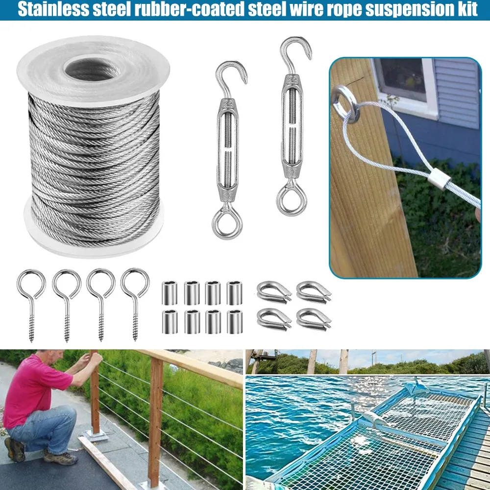 15/20/30M Wire Rope Kit Stainless Steel PVC Coated Rust Resistance Flexible Clothesline Hooks Hanging Kit for Outdoor Indoor
15/20/30M Wire Rope Kit Stainless Steel PVC Coated Rust Resistance Flexible Clothesline Hooks Hanging Kit for Outdoor Indoor
