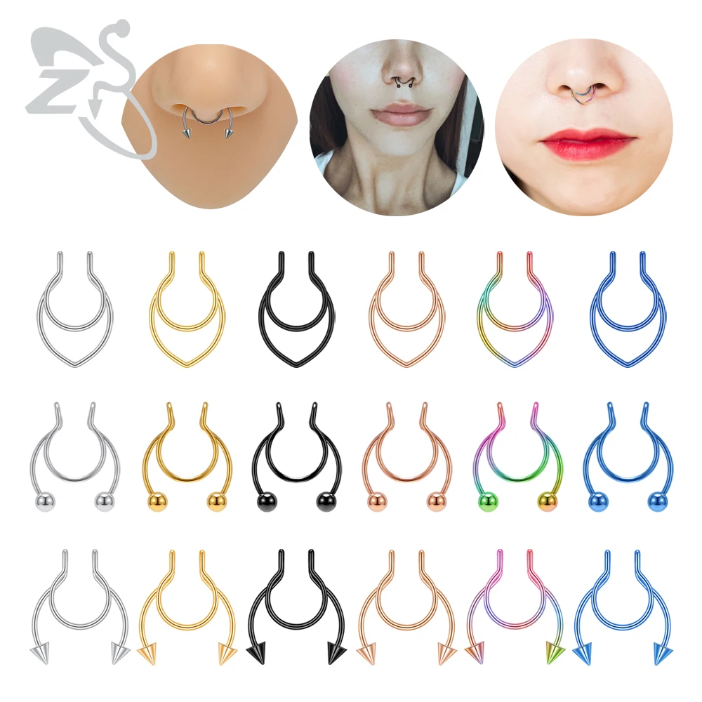 

ZS 1 Piece Stainless Steel Fake Septum Piercing 6 Colors No-Pierced Nose Piercings Clicker Faux Hoop Nostril Piercing Ear Clips