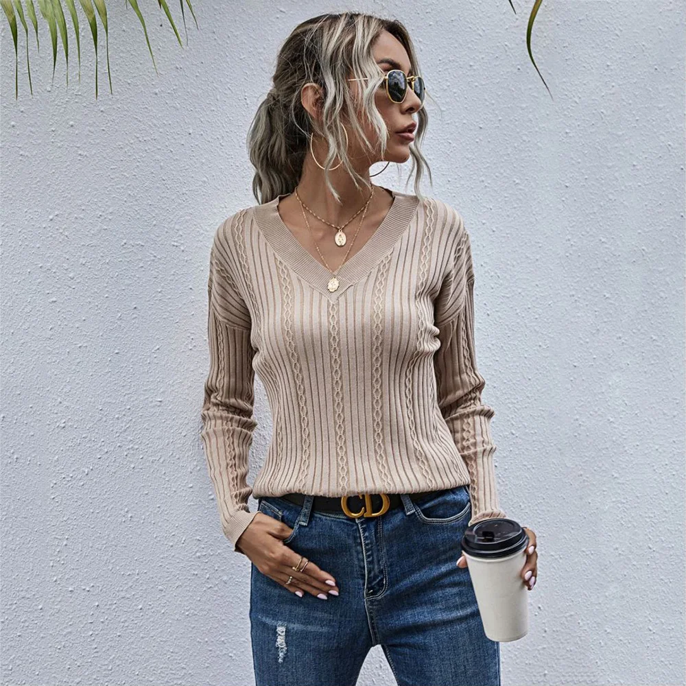 Women's Long Sleeve Top Sweater Autumn Casual V-Neck Knitted Pullovers New Fashion Slim Bottoming Jumper Sweater Woman 2021
Women's Long Sleeve Top Sweater Autumn Casual V-Neck Knitted Pullovers New Fashion Slim Bottoming Jumper Sweater Woman 2021