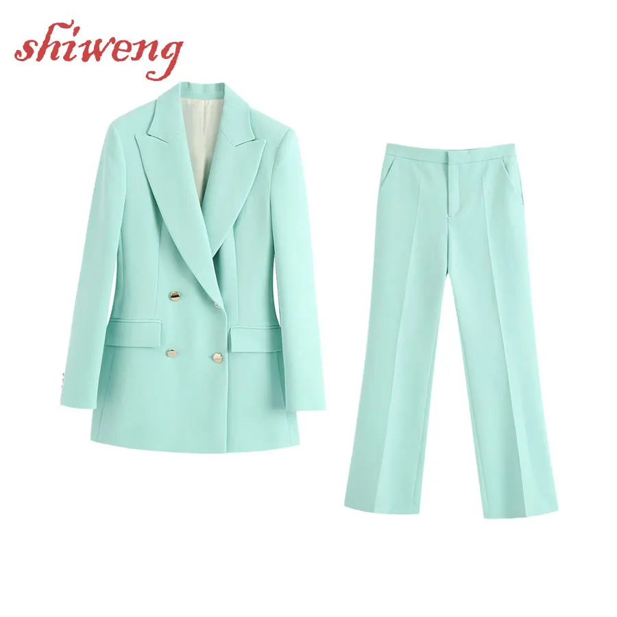 2021 New Mint Double Breasted Fashion Spring Autumn Handsome Casual Suit Coat top High Waist Flare Pants Pants Women's Suits
2021 New Mint Double Breasted Fashion Spring Autumn Handsome Casual Suit Coat top High Waist Flare Pants Pants Women's Suits