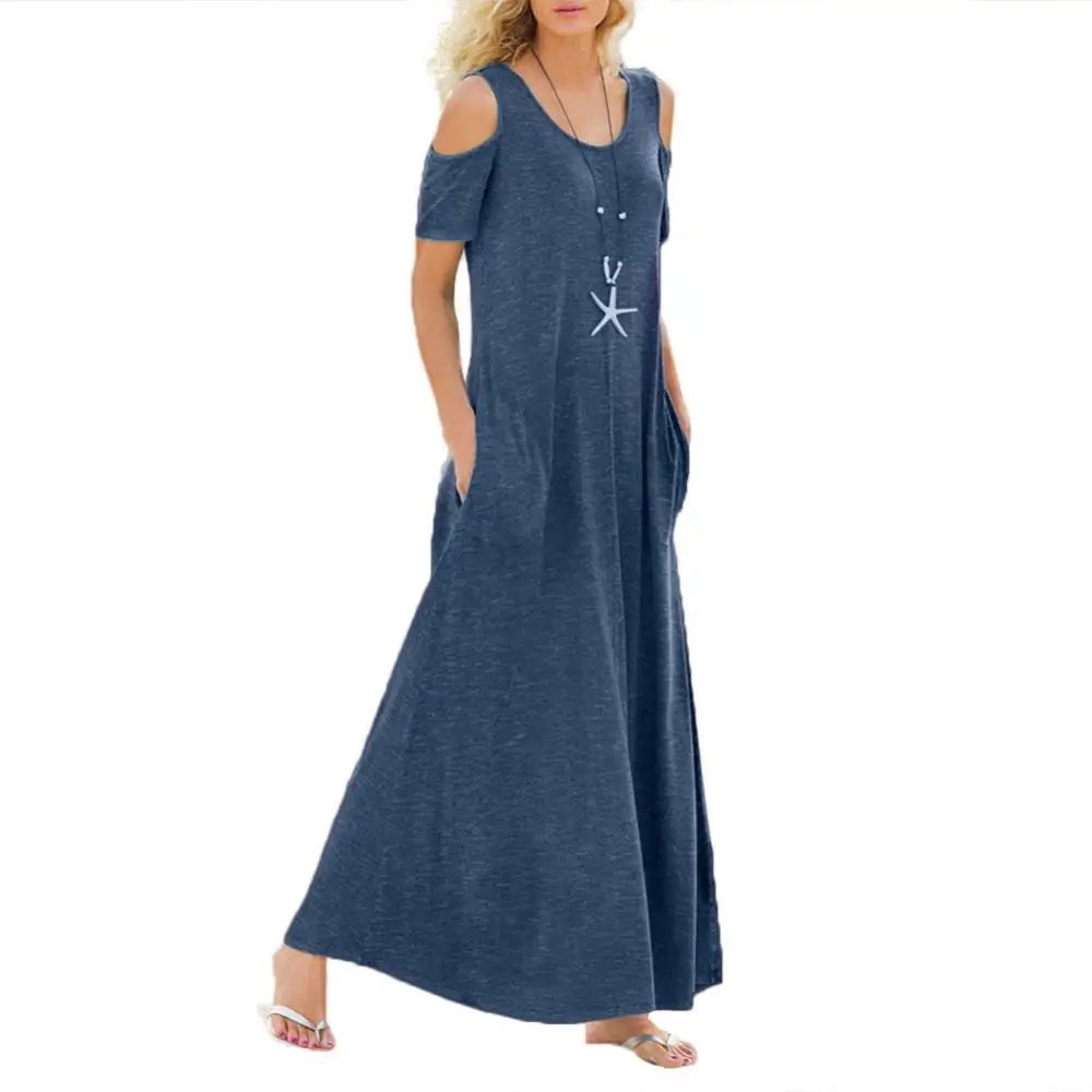 Женское длинное платье, однотонное Повседневное платье с коротким рукавом, открытыми плечами и карманами, с большим подолом, 50% 
Женское длинное платье, однотонное Повседневное платье с коротким рукавом, открытыми плечами и карманами, с большим подолом, 50%