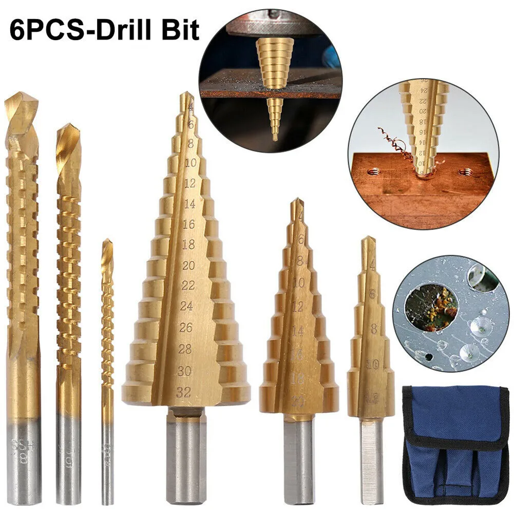 6pc 4-12mm 4-20mm 4-30mm Straight Groove Step Drill Bit Set Titanium Coated Wood Metal Hole Cutter Core Drill Bit Set
6pc 4-12mm 4-20mm 4-30mm Straight Groove Step Drill Bit Set Titanium Coated Wood Metal Hole Cutter Core Drill Bit Set