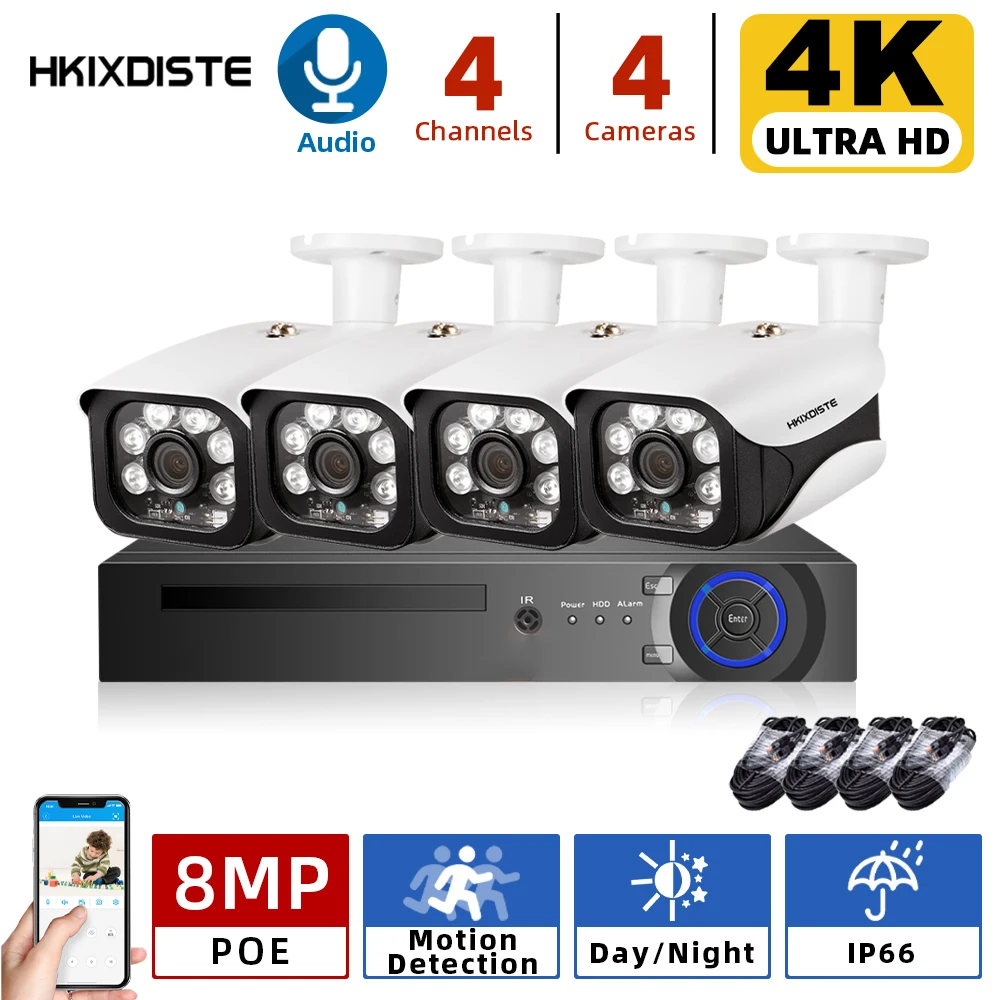 4K POE Audio CCTV System H.265+ 4CH 8MP NVR with 8MP Outdoor Security Camera NVR Kit Day/Night Home Video Surveillance System
4K POE Audio CCTV System H.265+ 4CH 8MP NVR with 8MP Outdoor Security Camera NVR Kit Day/Night Home Video Surveillance System