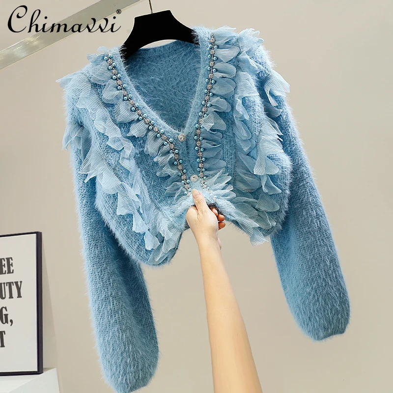 2021 Fall New Female Fashion Sweet Beads Diamond-Embedded Knitted Top Women's Fairy Lace V-neck Patchwork Loose Mohair Sweater
2021 Fall New Female Fashion Sweet Beads Diamond-Embedded Knitted Top Women's Fairy Lace V-neck Patchwork Loose Mohair Sweater
