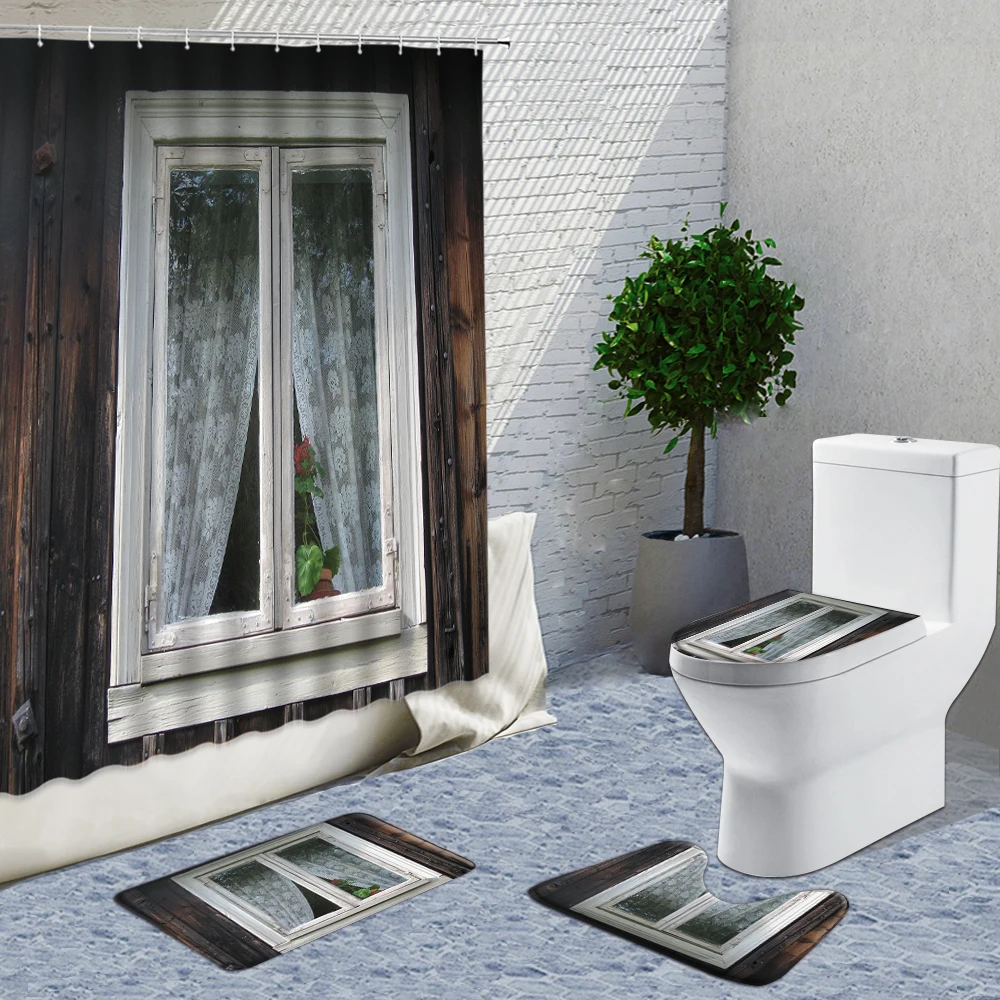 4-Piece Set Shower Curtain Vintage Wooden Window Flowers Ldyllic Scenery Bath Curtains Non-Slip Mat Bathroom And Toilet Rugs 
4-Piece Set Shower Curtain Vintage Wooden Window Flowers Ldyllic Scenery Bath Curtains Non-Slip Mat Bathroom And Toilet Rugs