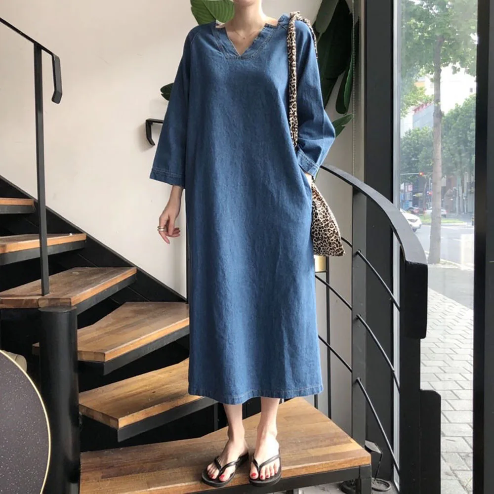 Japanese Style Women's Dress 2021 Summer Korean Fashion Loose Casual Simple Solid Color Cowboy V-neck 9-point Sleeve
Japanese Style Women's Dress 2021 Summer Korean Fashion Loose Casual Simple Solid Color Cowboy V-neck 9-point Sleeve