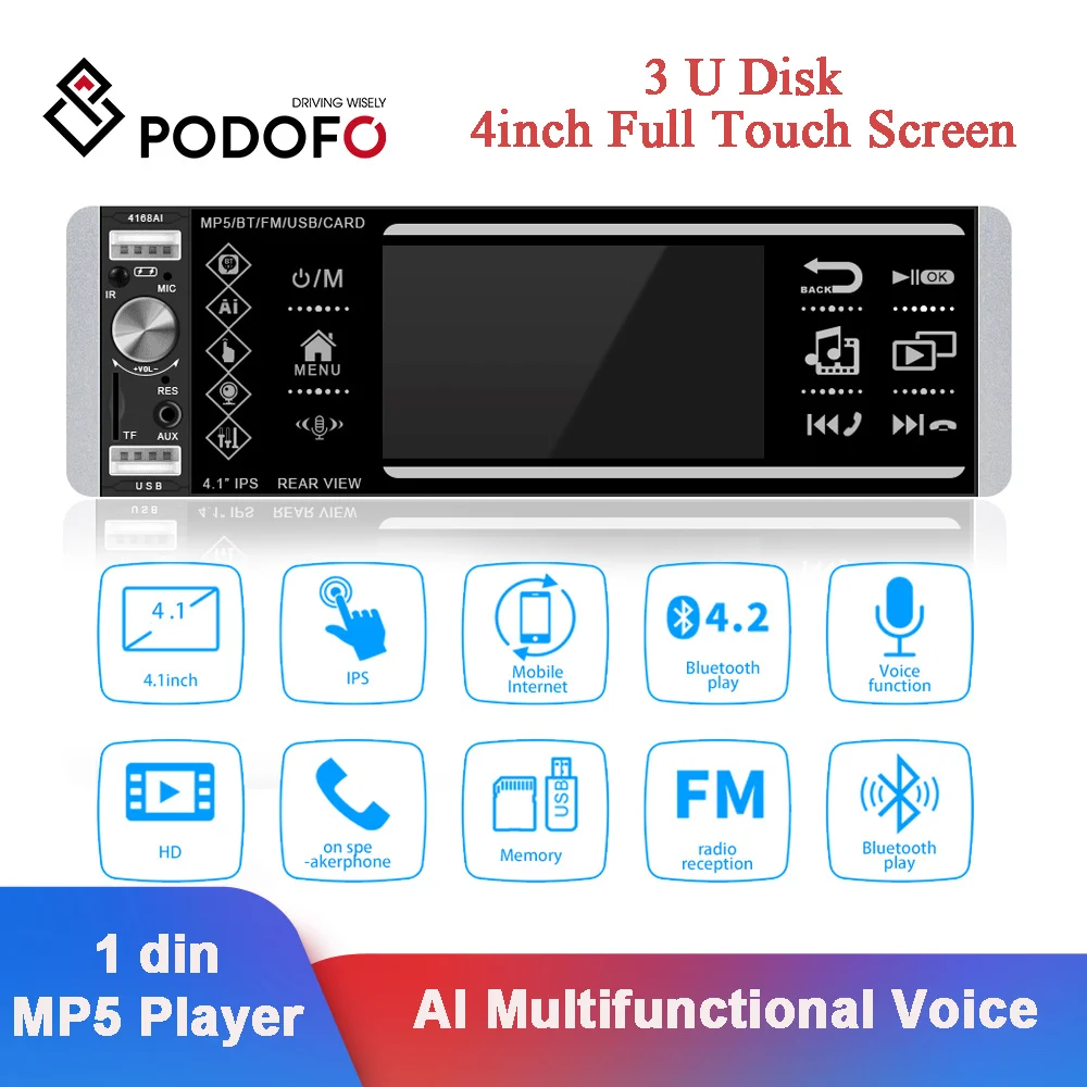 

Автомагнитола Podofo 1 Din с поддержкой Bluetooth, mp5-плеером, видеорегистратором и 4 дюймовым IPS-дисплеем