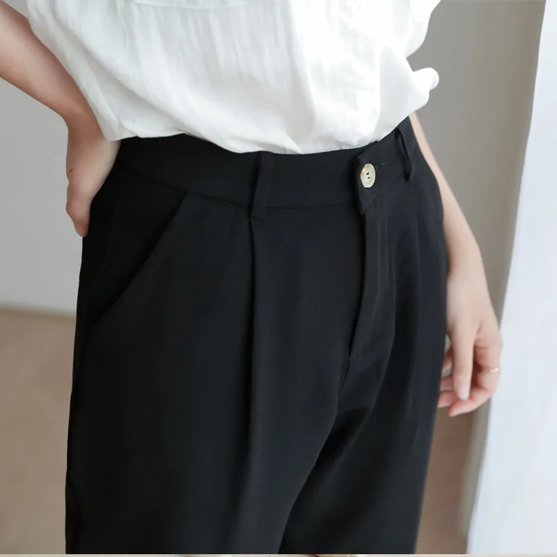

REALEFT 2020 New Korean OL Style Black Women Formal Harem Pants Pockets High Waist Elegant Chic Office Lady Ankle-Length Pants