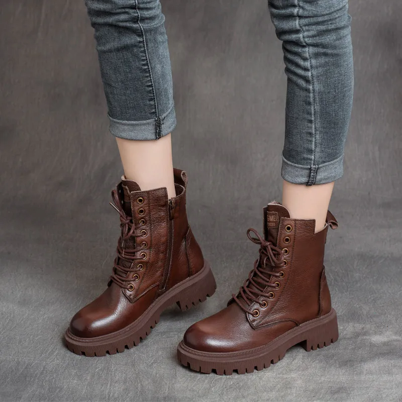 

Women's casual leather boots fashion 2021 autumn and winter handsome British style side zipper thick-soled knight boots mid-cut