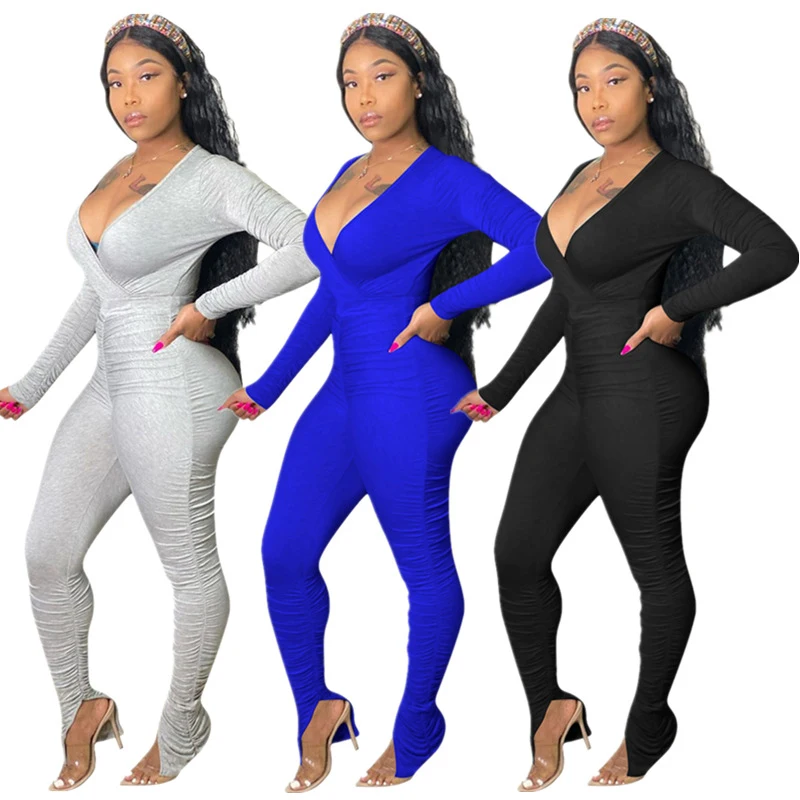 Solid Jumpsuits Pleated Ruched Full Sleeve Sexy Deep V Neck Slit Bodysuit Split Women's Stacked Pants Jumpsuit Spring Clothes
Solid Jumpsuits Pleated Ruched Full Sleeve Sexy Deep V Neck Slit Bodysuit Split Women's Stacked Pants Jumpsuit Spring Clothes