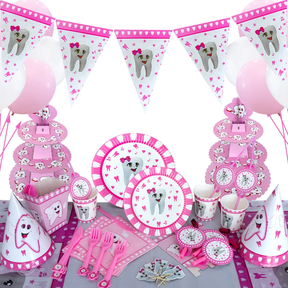 

Тема розовых зубов, одноразовая посуда, украшения для первого зуба девочки на день рождения, одноразовые тарелки, салфетки, чашки, баннеры