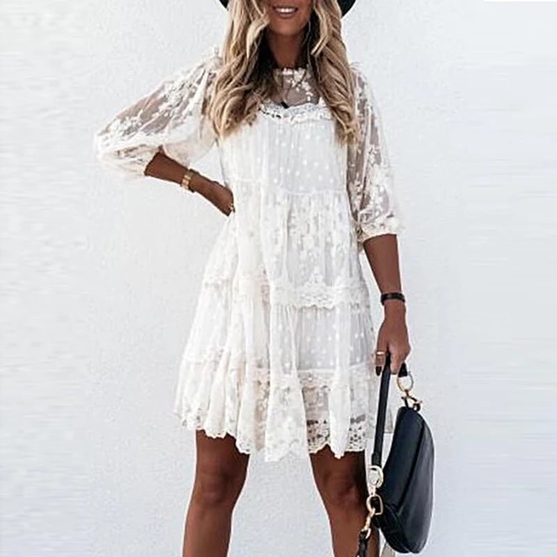 Fashion Vintage Ruffle 3/4 Sleeve Dresses Women Elegant Lace Embroidery Party Dress Office Lady O-Neck Solid Sheer-Mesh Dress
Fashion Vintage Ruffle 3/4 Sleeve Dresses Women Elegant Lace Embroidery Party Dress Office Lady O-Neck Solid Sheer-Mesh Dress