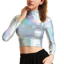 Women Liquid Metallic Long Sleeve Crop Top Punk Turtleneck Holographic T Shirt Cropped Tops For Rave Club Dance Mock Neck