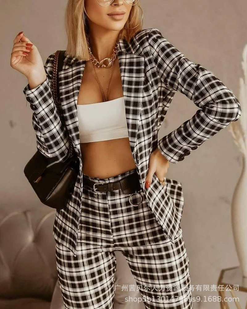 Printed Slim Plaid Jacket + Pants Set Women Fall 2021 New Fashion Commuter Long Sleeve Pants Set
Printed Slim Plaid Jacket + Pants Set Women Fall 2021 New Fashion Commuter Long Sleeve Pants Set