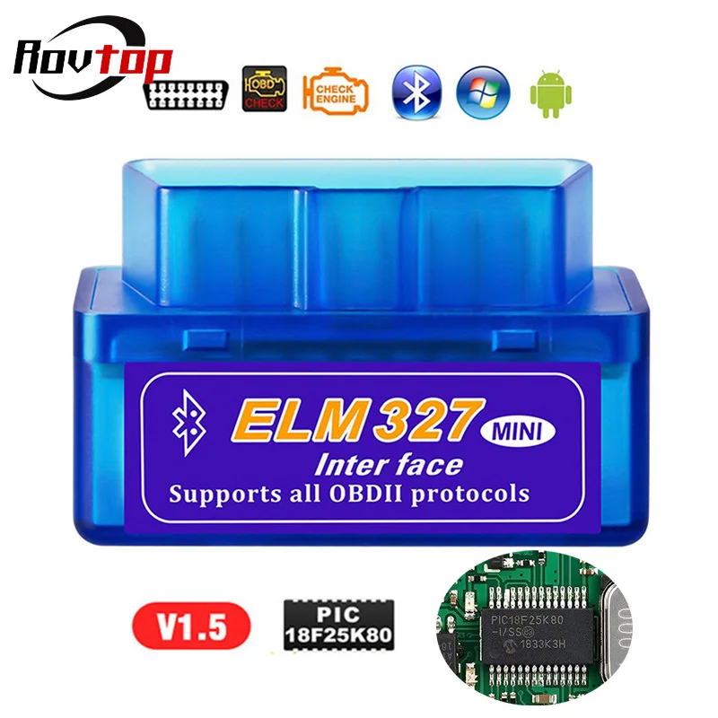 Фото Rovtop Mini ELM327 OBD II 2 V1.5 PIC18F25K80 чип Bluetooth OBD2 автомобильный считыватель кодов