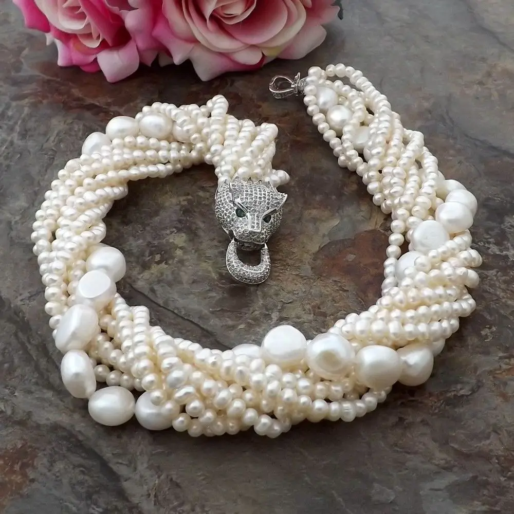 New natural 9 Strands Freshwater white Pearl 5-11MM Necklace Cz Pave Leopard head Clasp 18inches
New natural 9 Strands Freshwater white Pearl 5-11MM Necklace Cz Pave Leopard head Clasp 18inches