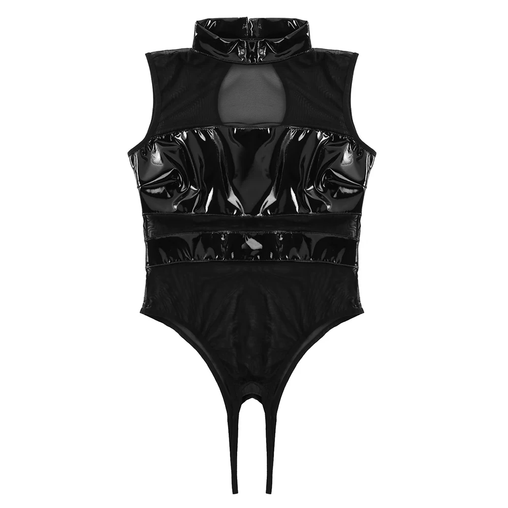 Women Sexy Thong Teddy Bodysuit Wet Look Patent Leather Lingerie open Crotch Mock Neck Sleeveless Sheer Mesh Spliced bodysuits
Women Sexy Thong Teddy Bodysuit Wet Look Patent Leather Lingerie open Crotch Mock Neck Sleeveless Sheer Mesh Spliced bodysuits